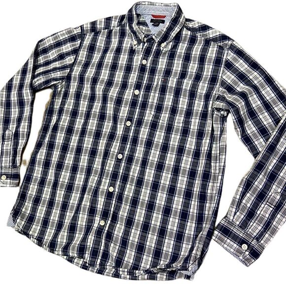 GORGEOUS Tommy Hilfiger Boys Large 14/16 Blue Grey White Plaid Button Down Shirt - Picture 2 of 12
